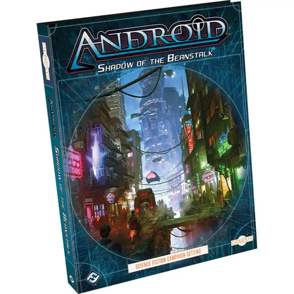 Genesys RPG android shadow of the beanstalk book with vibrant neon-lit cyberpunk cityscape on its cover
