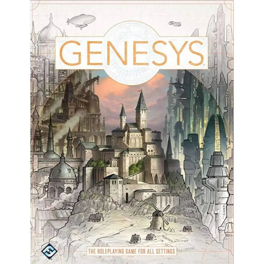 The Genesys RPG Core Rulebook box art shows a detailed gothic and steampunk cityscape under a twilight sky