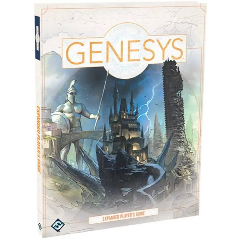 The Genesys RPG Expanded Player’s Guide hardcover book features a warrior and castle under stormy skies on its illustrated cover