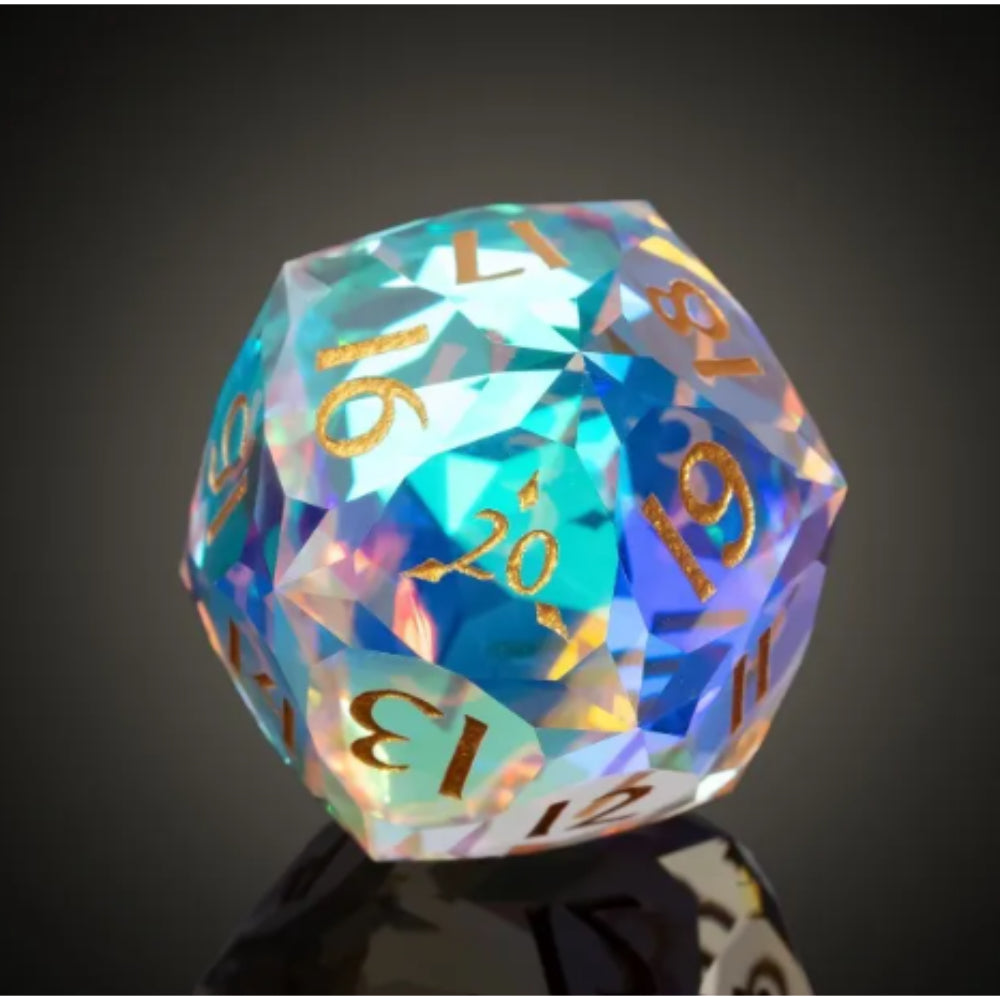 Glass Spindown D20 Die Rounded Rainbow Prism
