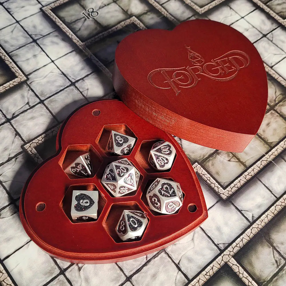 Glittering Hearts Metal Polyhedral (D&D) Dice Set (7) with Heart Box Dice & Dice Supplies Forged Gaming Forest  
