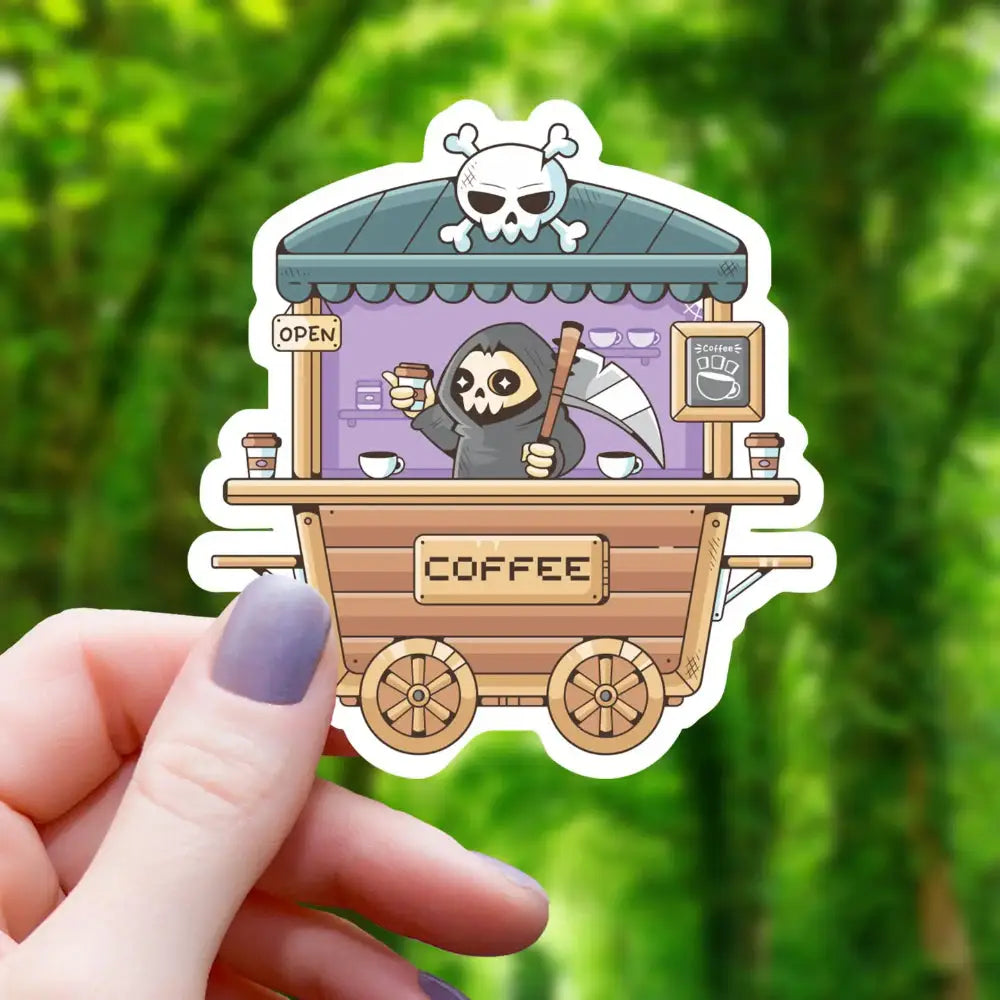 Grim Reaper Coffee Cart Sticker - Gifts
