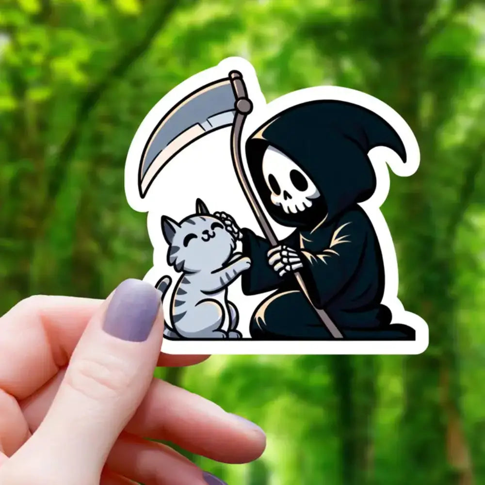 Grim Reaper Petting Cat Sticker - Gifts
