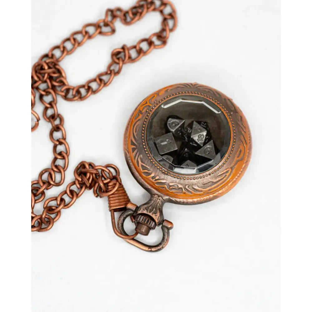 Grit in the Gears Copper Pocket Watch with Micro Mini Metal Polyhedral Dice Set (7) - Dice & Dice Supplies