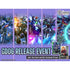 Promotional poster for gundam card game stardust trails gd06 featuring five vibrant mecha designs and two sample cards