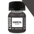 A 30ml bottle of gunmetal weathering liquid with a black ribbed cap and clear glass containing dark gray liquid