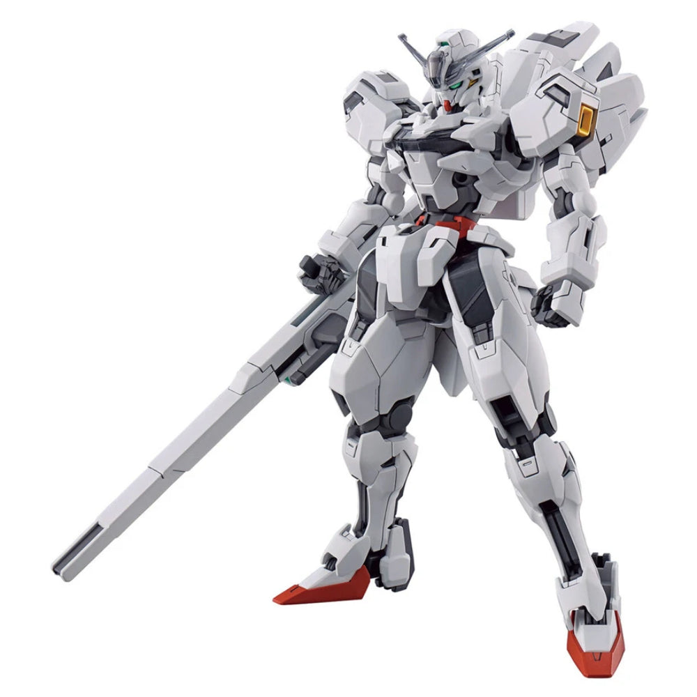 White and gray gundam calibarn model with red feet and yellow panel holding long weapon from gunpla high grade 1/144 series