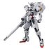 White and gray gundam calibarn model with red feet and yellow panel holding long weapon from gunpla high grade 1/144 series