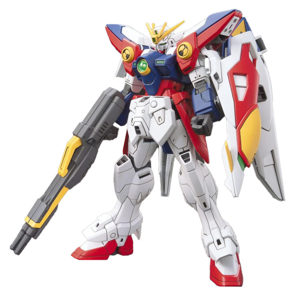 Gunpla high grade 1/144 wing gundam zero plastic model in red white blue with yellow accents and green eye