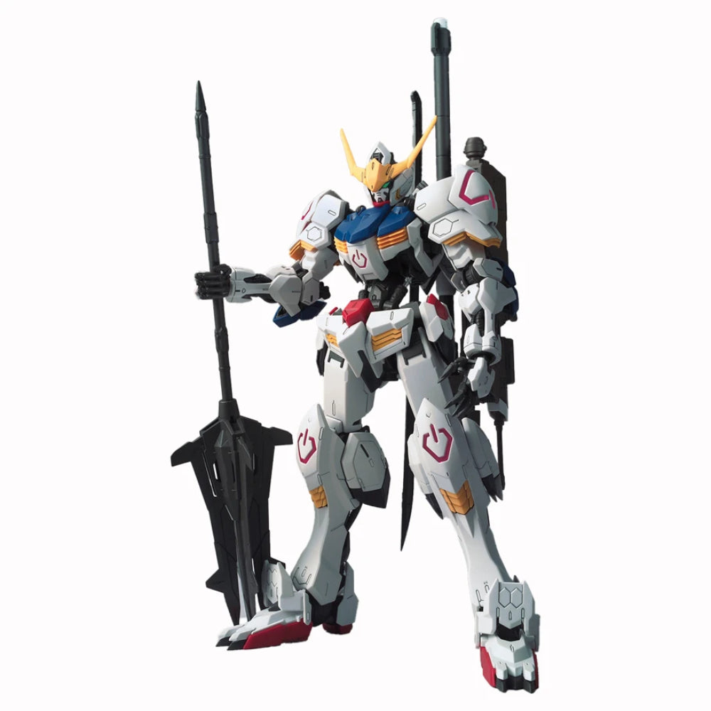White and blue gundam model with red and gold accents holding a spear detailed mechanical design gunpla master grade 1/100 ibo barbatos