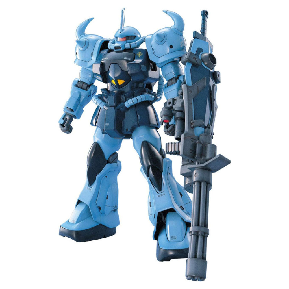 Blue and black plastic model of master grade 1/100 ms-07b3 gouf custom gundam robot with horns holding large gun