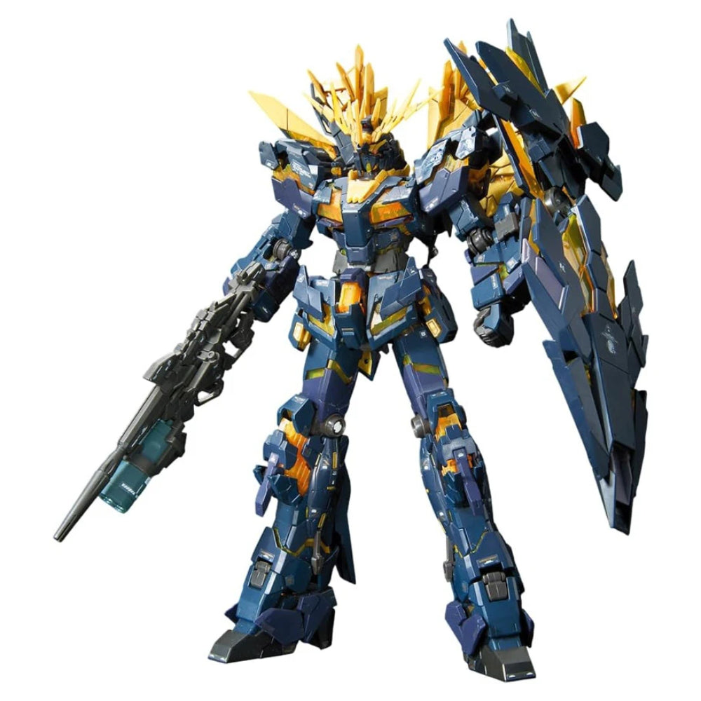 Blue and gold armored Gunpla real grade 1/144 unicorn Gundam 02 Banshee Norn with intricate mechanical details and golden horn