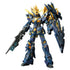 Blue and gold armored Gunpla real grade 1/144 unicorn Gundam 02 Banshee Norn with intricate mechanical details and golden horn