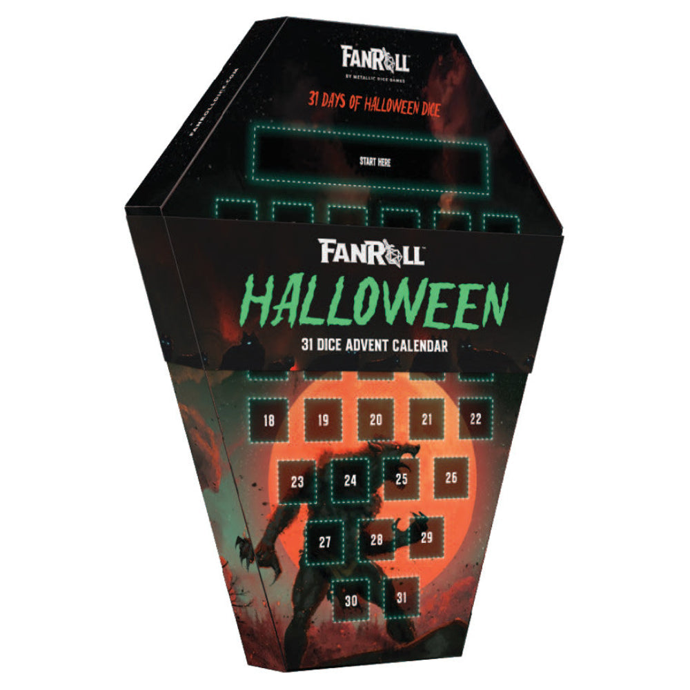Black coffin-shaped halloween dice goblin advent calendar by fanroll with glowing green outlines and spooky silhouette on orange background