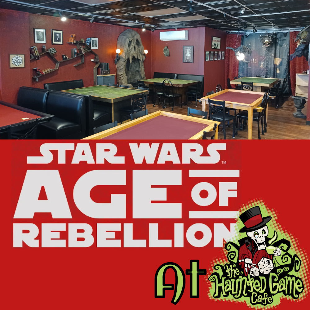 Star Wars Age of Rebellion game tables with green and red felt surfaces set in a themed café for RPG sessions