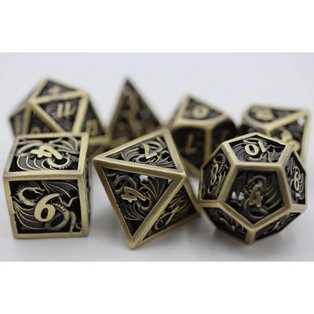 Hollow Dragon Keep Metal Polyhedral (D&D) Dice Set (7) Dice & Dice Supplies Foam Brain Games Bronze  