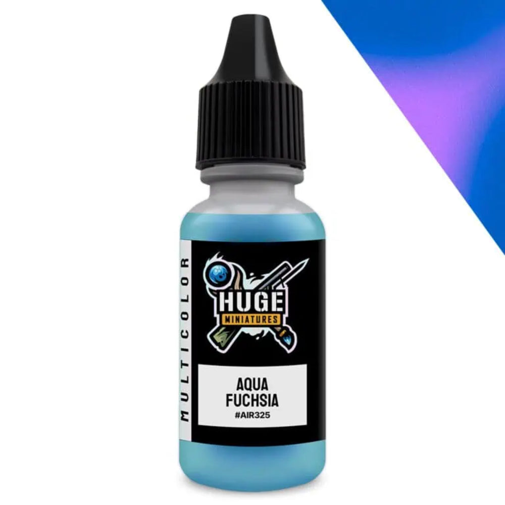 Huge Miniatures aqua fuchsia colorshift paint 17ml bottle with clear plastic body filled with vibrant light blue liquid and black dropper cap