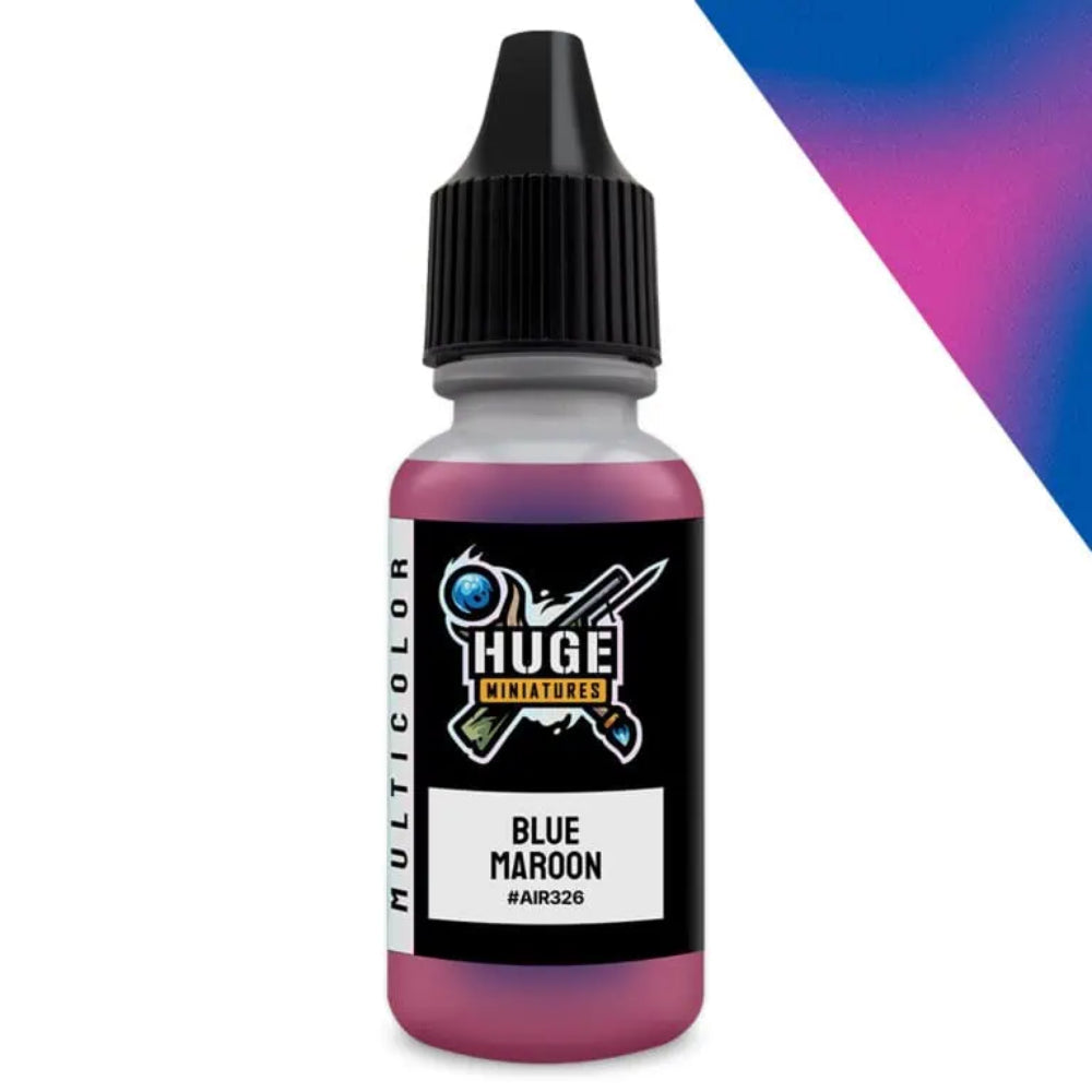 A small clear plastic bottle of huge miniatures blue maroon colorshift paint with black dropper cap 17ml size