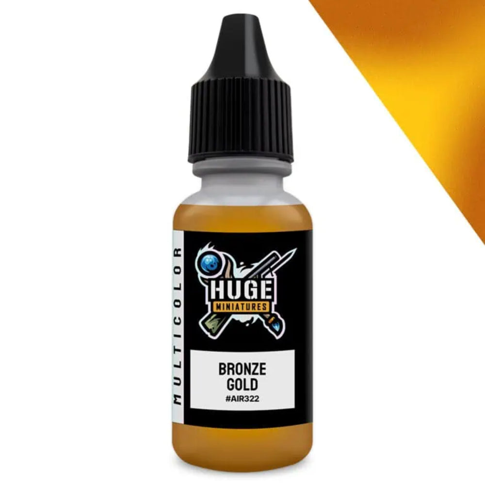 A small 17ml huge miniatures bronze gold colorshift paint bottle with black dropper cap and amber liquid inside