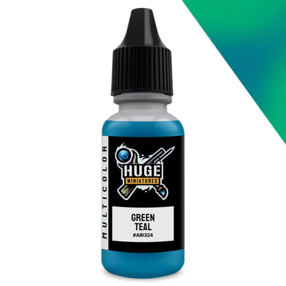 A small 17ml bottle of huge miniatures green teal colorshift paint with a black dropper cap and clear plastic body