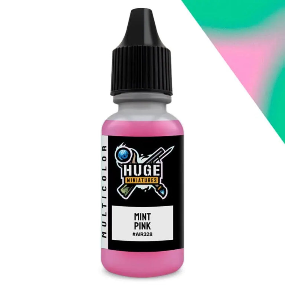 A small bottle of huge miniatures mint pink colorshift paint with black dropper cap and labeled logo in 17ml size