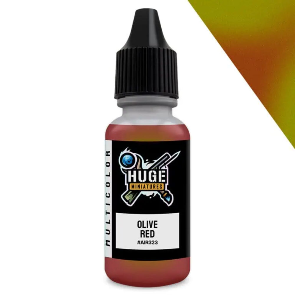 A small bottle of huge miniatures olive red colorshift paint with black dropper cap and branded label 17ml