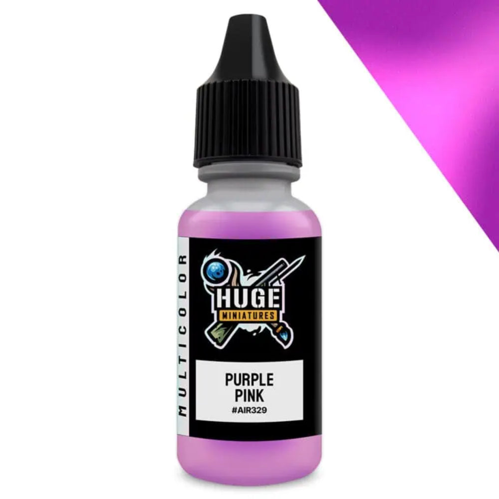 A small clear plastic bottle of huge miniatures purple pink colorshift paint with a black dropper cap 17ml capacity