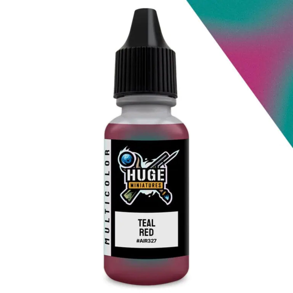 A small bottle of huge miniatures teal red colorshift paint with a black dropper cap and logo label