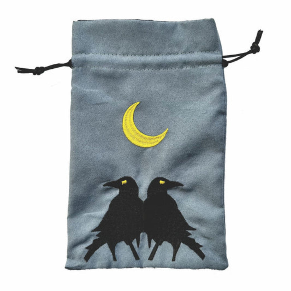 Gray velvet Huginn and Muninn dice bag with embroidered black crows and a yellow crescent moon drawstring pouch