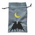 Gray velvet Huginn and Muninn dice bag with embroidered black crows and a yellow crescent moon drawstring pouch