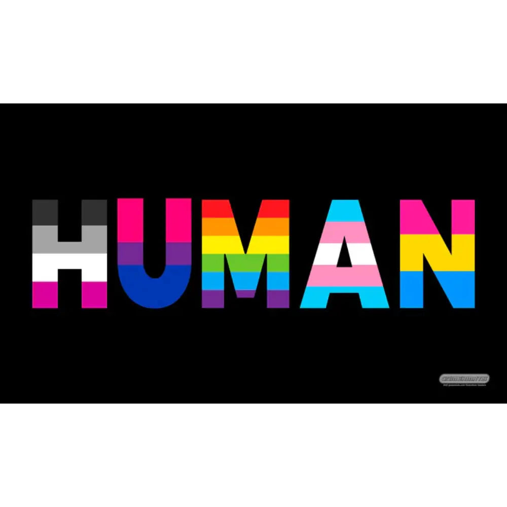 Human pride playmat featuring rainbow-colored human lettering on a black background for inclusive gaming use
