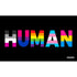 Human pride playmat featuring rainbow-colored human lettering on a black background for inclusive gaming use