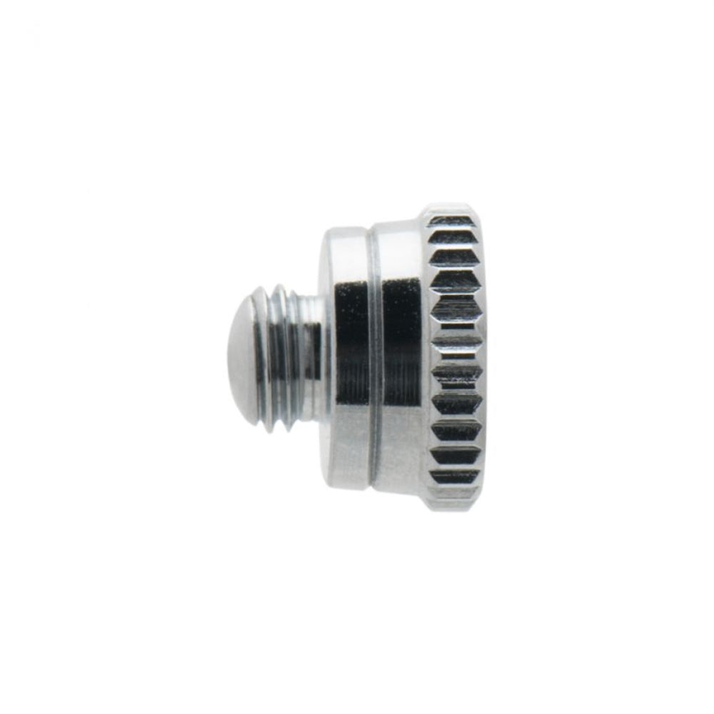 Iwata nozzle cap e3 chrome finished metal airbrush nozzle with threaded tip and knurled grip side shown from the back