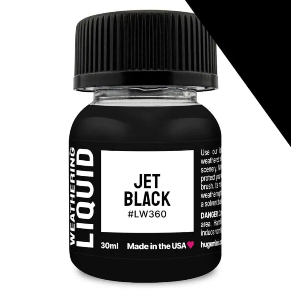 A sleek 30ml bottle of jet black weathering liquid with a ribbed black cap and clear glass body with bold white label