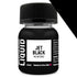 A sleek 30ml bottle of jet black weathering liquid with a ribbed black cap and clear glass body with bold white label