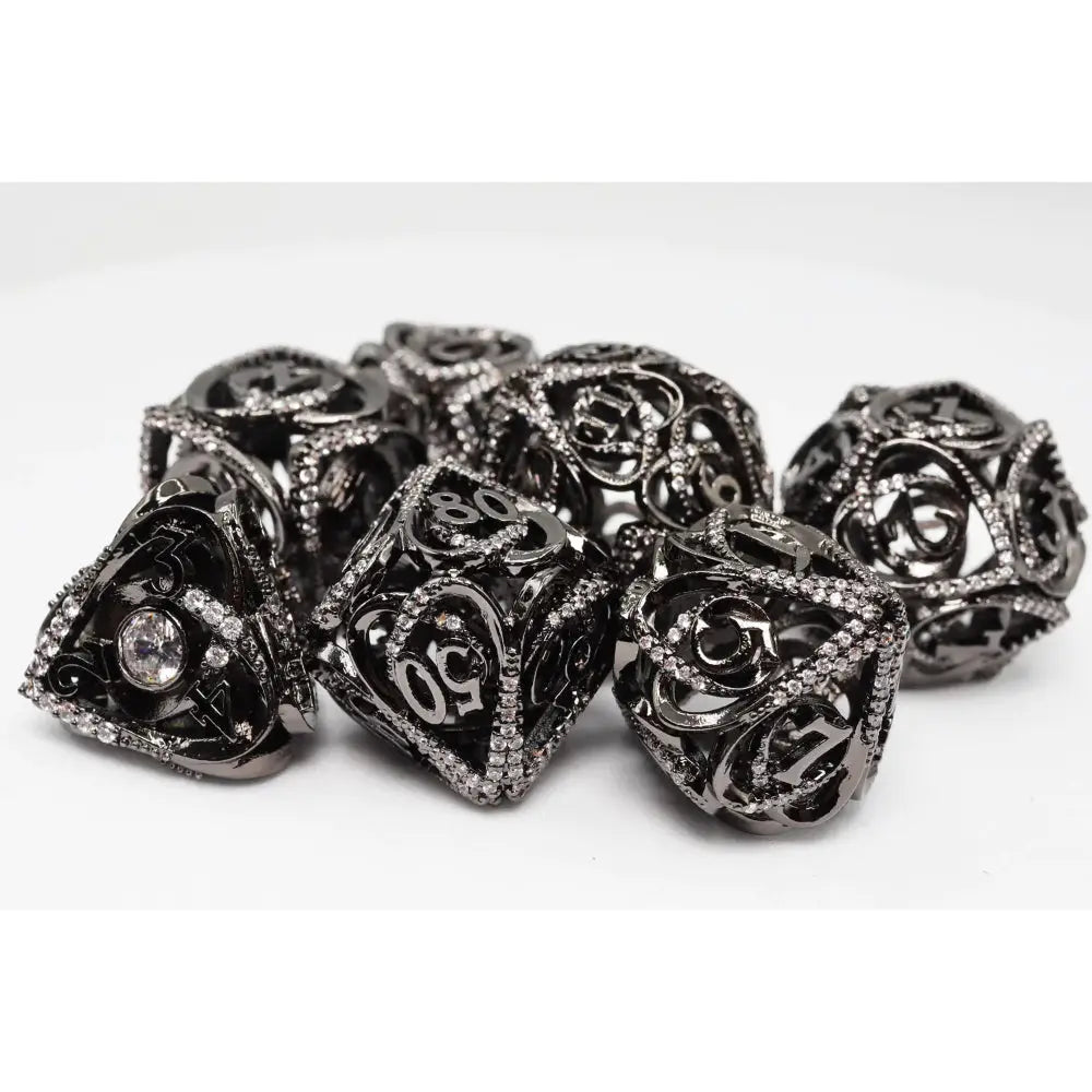 Jeweled Hollow Hearts Metal Polyhedral (D&D) Dice Set (7) Dice & Dice Supplies Foam Brain Games Midnight Metal  