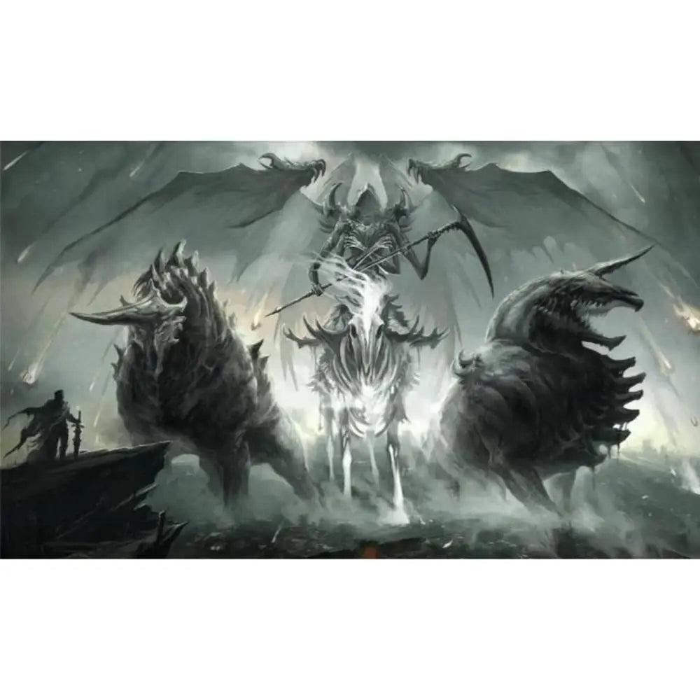 Judgement playmat featuring a grim reaper with skeletal form wielding a scythe riding a spectral horse through stormy skies