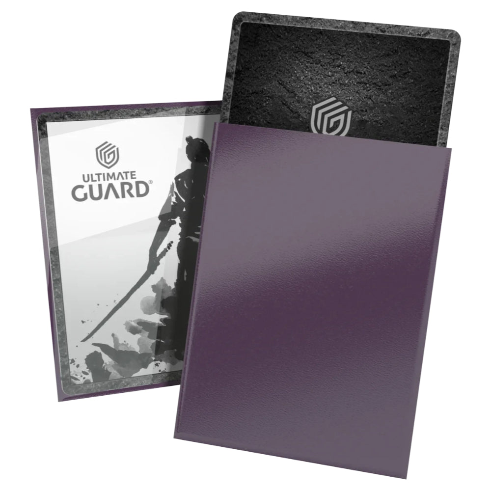Purple matte-finish ultimate guard card protector with textured black interior and branded logo in katana sleeves box 100