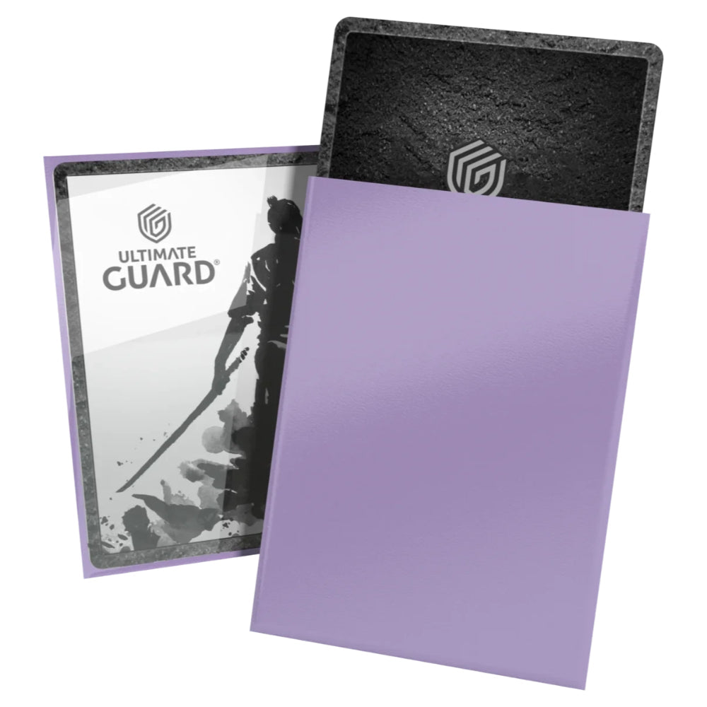 Purple plastic card protector with black textured border and ultimate guard branding from katana sleeves box 100 pack