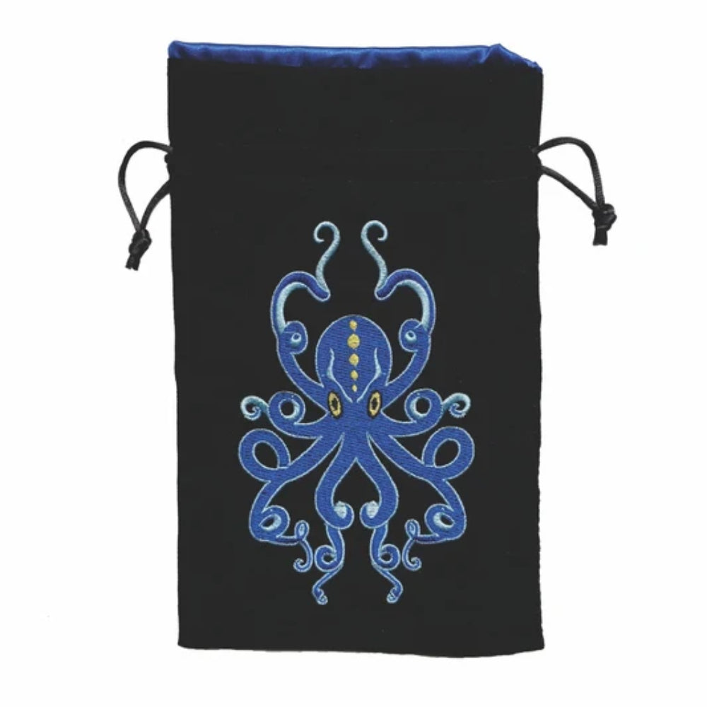 Black velvet kraken dice bag drawstring pouch with embroidered blue octopus and gold accents