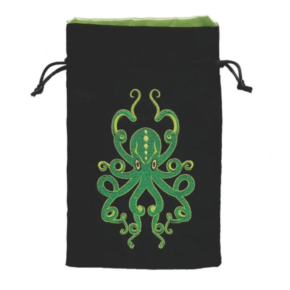 Black velvet kraken dice bag with embroidered green octopus and lime green interior lining for tabletop gaming