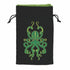 Black velvet kraken dice bag with embroidered green octopus and lime green interior lining for tabletop gaming