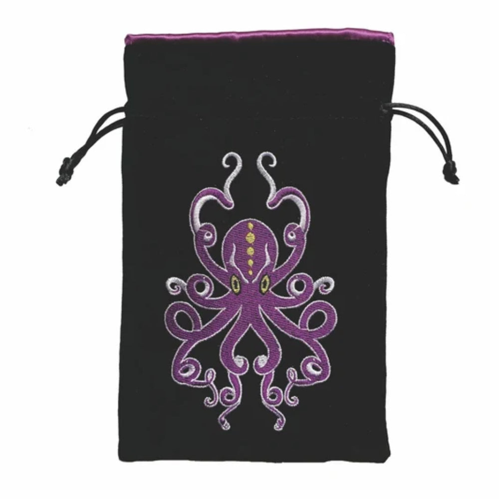 Black velvet Kraken dice bag with embroidered purple octopus featuring silver and gold accents and drawstring closure