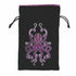 Black velvet Kraken dice bag with embroidered purple octopus featuring silver and gold accents and drawstring closure