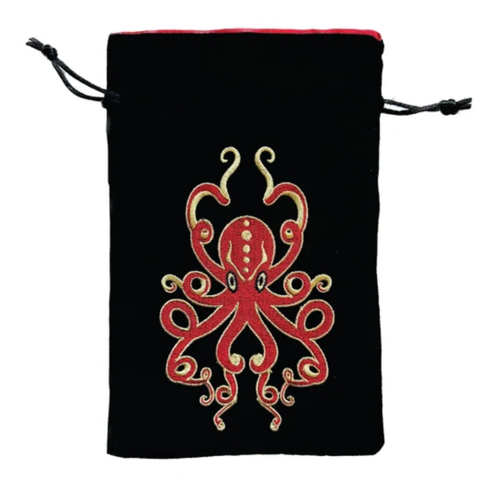 Black velvet kraken dice bag with embroidered red and gold octopus design and drawstring closure