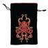 Black velvet kraken dice bag with embroidered red and gold octopus design and drawstring closure