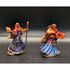Two intricately painted fantasy miniature human wizards in blue and orange robes holding a staff and red-bound tome