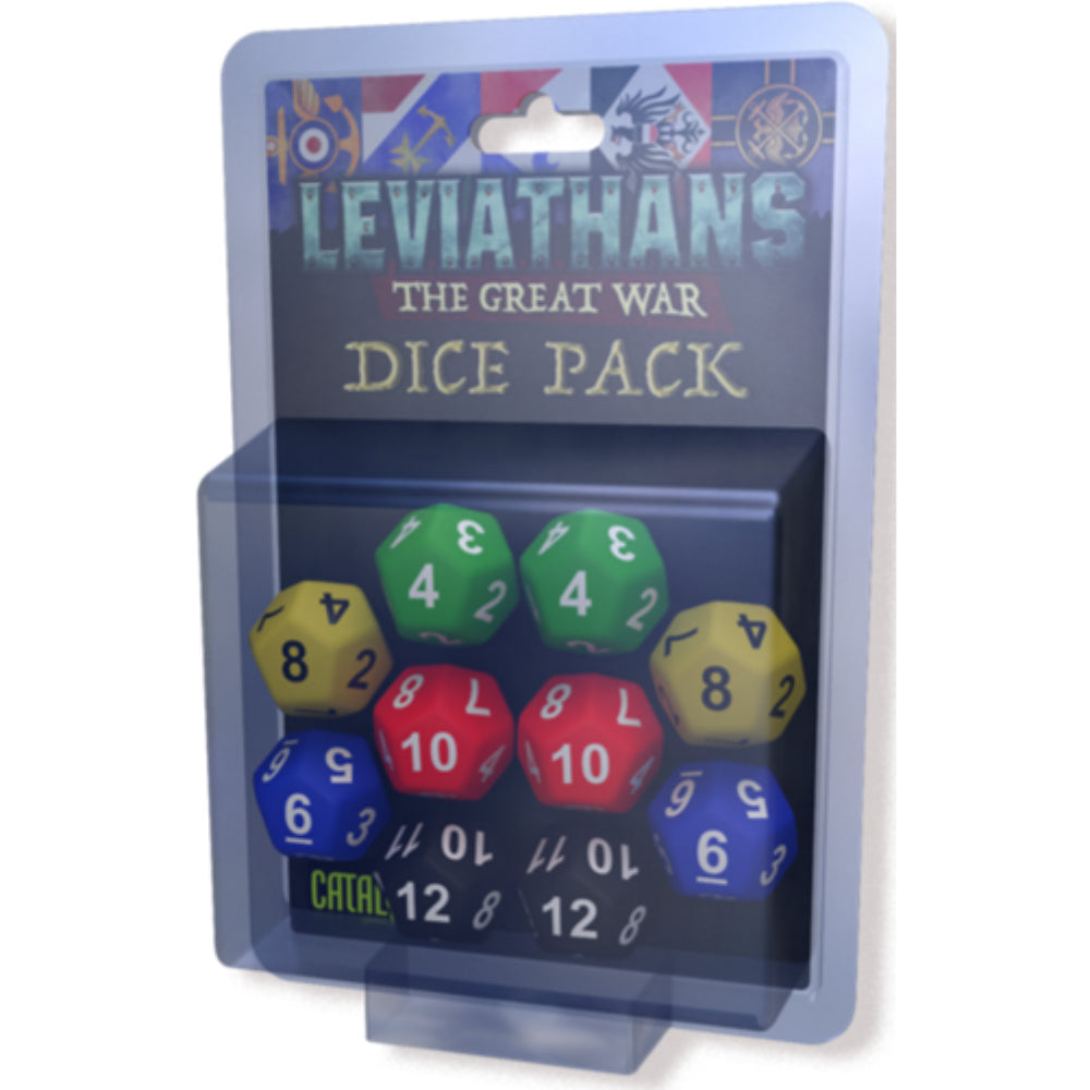 Colorful green yellow red and blue polyhedral dice in clear plastic pack labeled leviathans great war dice pack