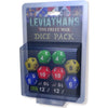 Colorful green yellow red and blue polyhedral dice in clear plastic pack labeled leviathans great war dice pack