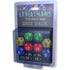 Colorful green yellow red and blue polyhedral dice in clear plastic pack labeled leviathans great war dice pack